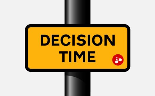 Graphic of a yellow road sign on a pole reading Decision Time